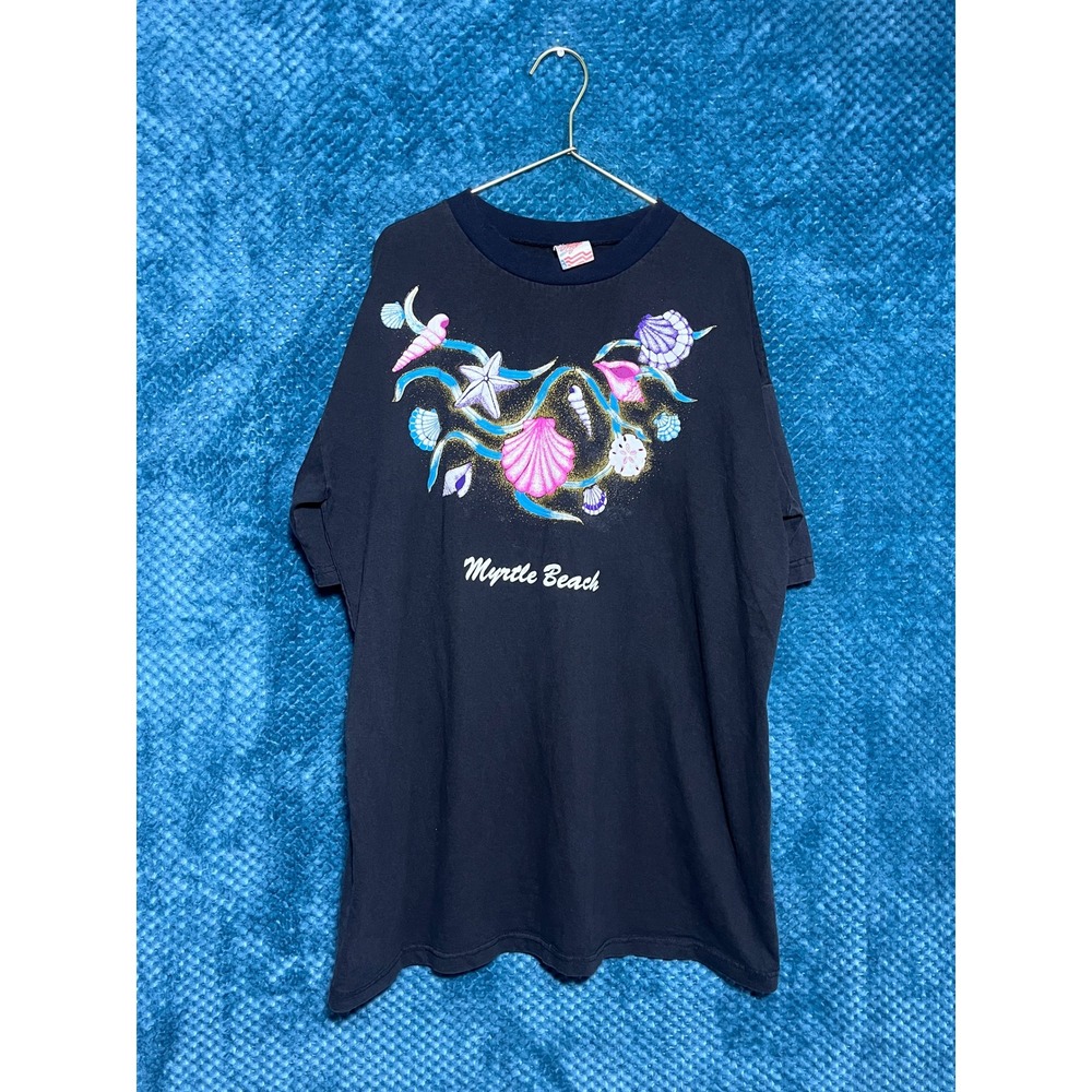 Vintage Summer Strand Myrtle Beach T Shirtβ Navy Blue Puff Print Glitter Mens